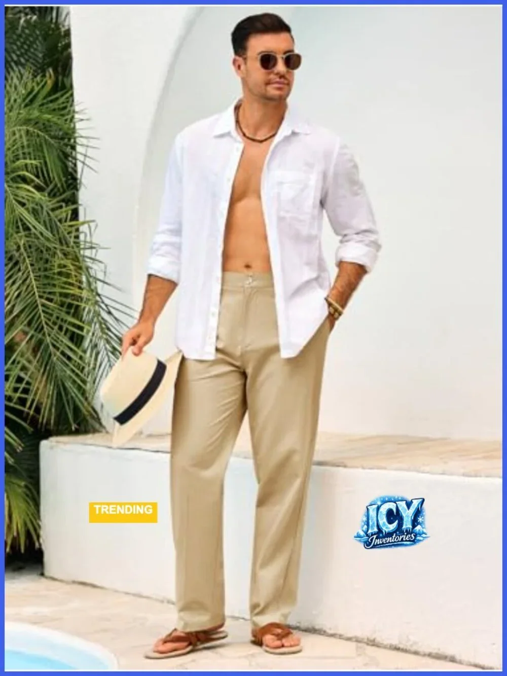 Men's Linen Elastic Waist Straight Leg Casual Pants with Pockets